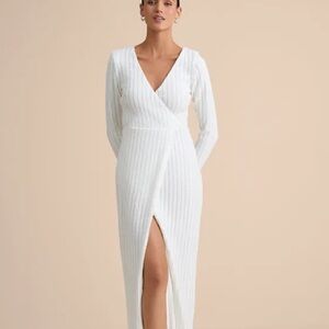 Lulu's White Ribbed Wrap Maxi with Front Slit